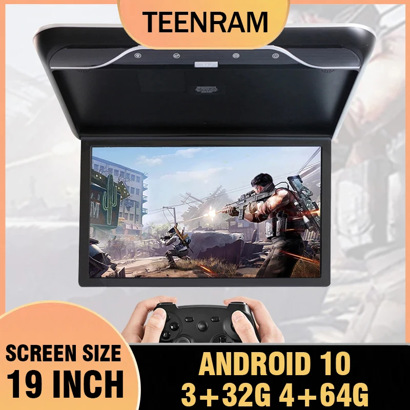 TEENRAM 19 Inch Car Monitor Multimedia Video Player 4+64GB 1080P Android 10 Ceiling TV Roof Mount Display for SUV RV Motorhome