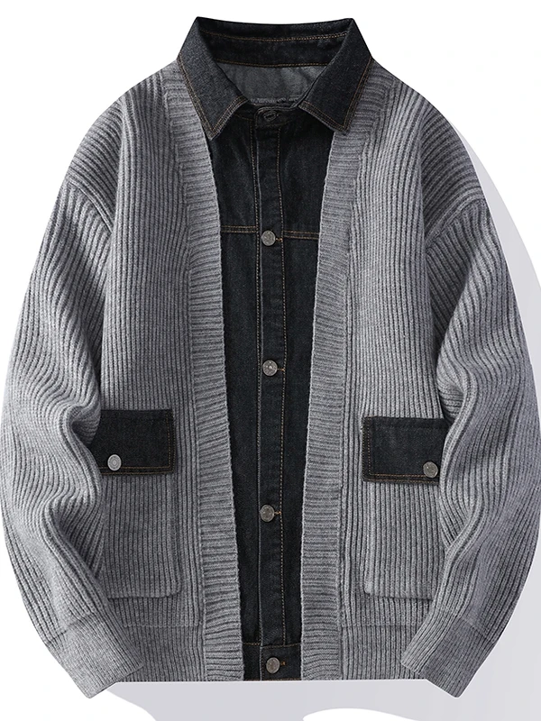 

Autumn Winter Thiened Warm Casual Knitted Sweater Jaet Men's Denim Patchwork Open Cardigan Soft Loose Sle for Youth