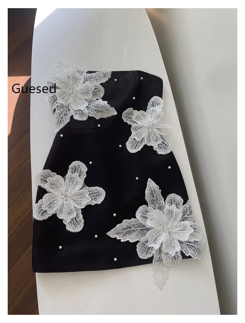 Guesed-Black Formal Dress for Female Three-Dimensional Flower Dresses Floral Embroidery Black Slim Bud French Design New Arrival