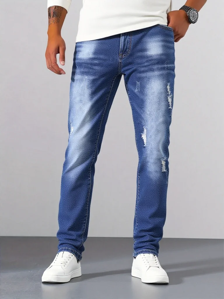 

Fashion Designer Men Jeans Retro Blue Stretch Slim Fit Painted Ripped Jeans Men Korean Style Vintage Casual Denim Pants Hombre