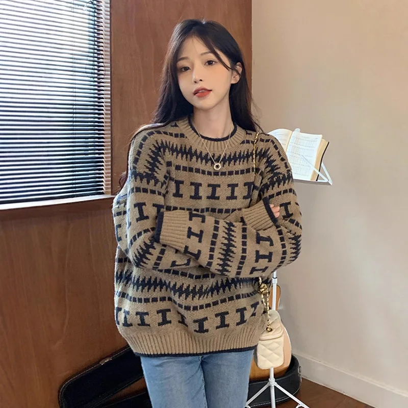

Fashionable Slimming Vintage round Neck Long Sleeve Sweater Women's Autumn Winter Knitwear Retro Lazy Style Base Layer Shirt