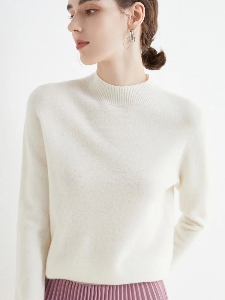 Women's Wool Sweater Mock Neck Long Sleeve Basic Pullover Sweater 100% Merino Wool Knitwear Female Clothes Autumn Winter Top