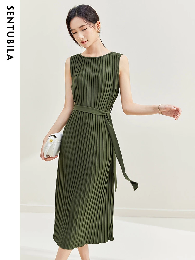 SENTUBILA Pleated Midi Dress Women 2024 Spring Summer Elegant Fashion Female Sleeveless Belted Dresses Womans Clothing 133L50657