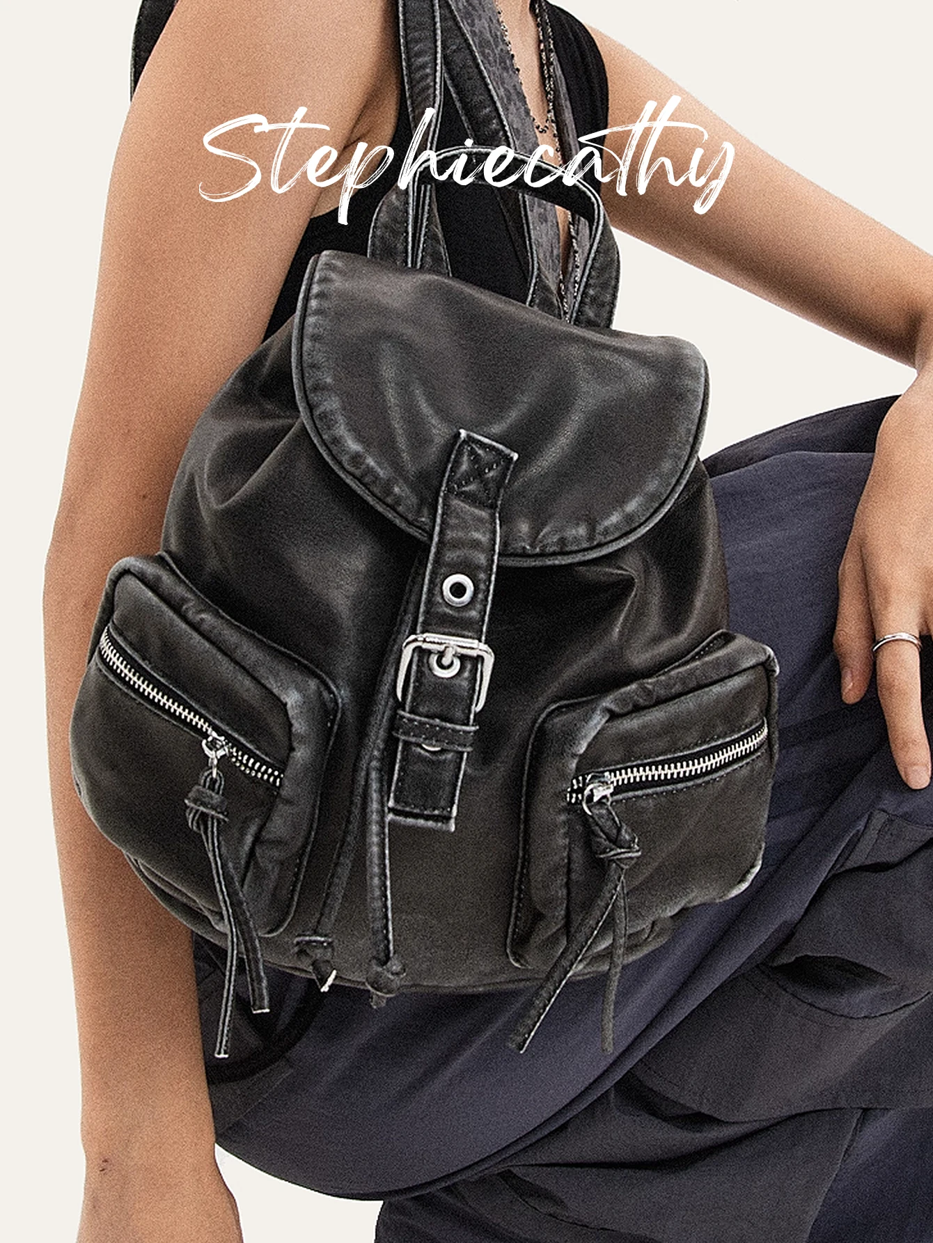 

SC Retro Casual Washed PU Leather Flap Cover Drawstring Closure Backpack with Grommet Eyelets Belt and Zip Pockets Shoulder Bag