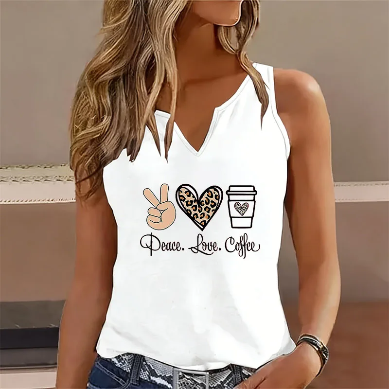 Peace Love Coffee Sleeveless Tank Top T-shirt V Neck Casual Fashion Vest T Shirts Women Short Sleeve Tee Shirt V-Neck