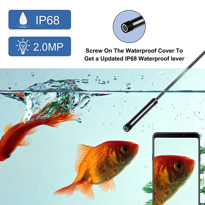 HD WiFi Micro Endoscope Camera, IP68 Waterproof Lens, Borescope, Car Sewer Inspection, iPhone, Android, PC, iPad, 8mm, 720P