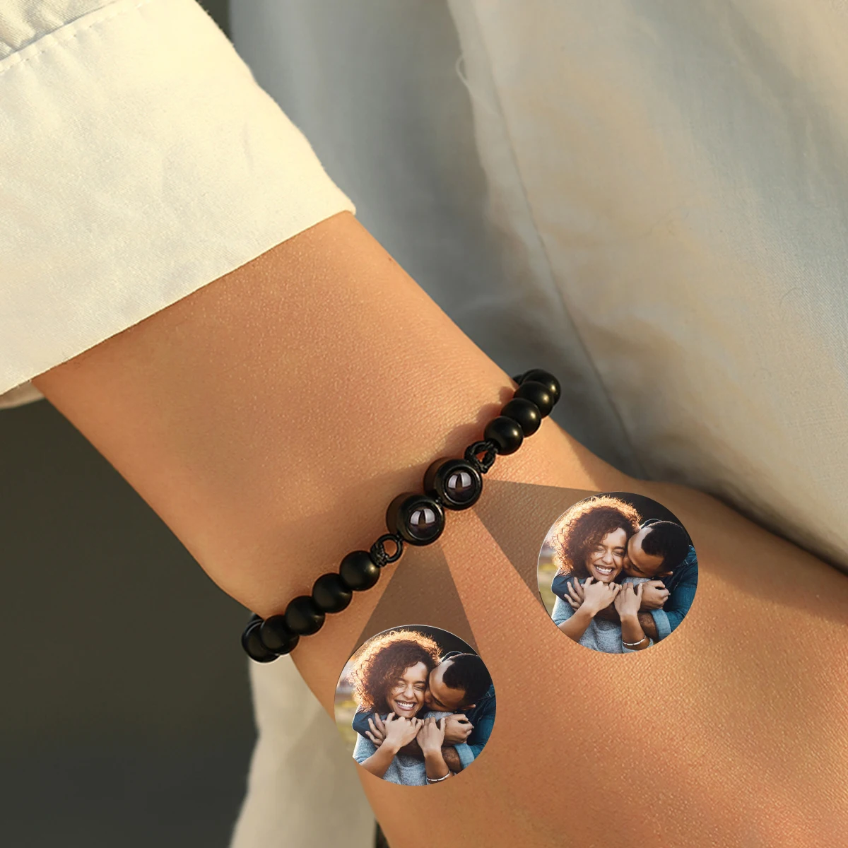 Custom Photo Projection Bracelet Two Photos Natural Stone Beaded Chain Bracelet Family Pet Couple Anniversary Jewelry Gift