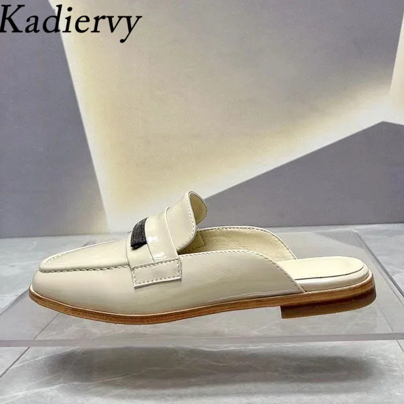 

Genuine Leather Slippers Woman Round Toe Comfort Mules Shoes Women Flat Slides Chain String Bead Street Style Slippers Women