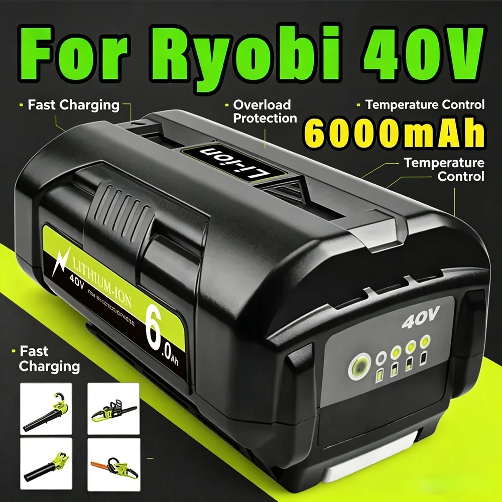 40V 6.0Ah High Capacity Lithium Battery For RYOBI OP4050 OP4030 OP4060A OP40201 OP40301 Cordless Power Tools Replacement Battery