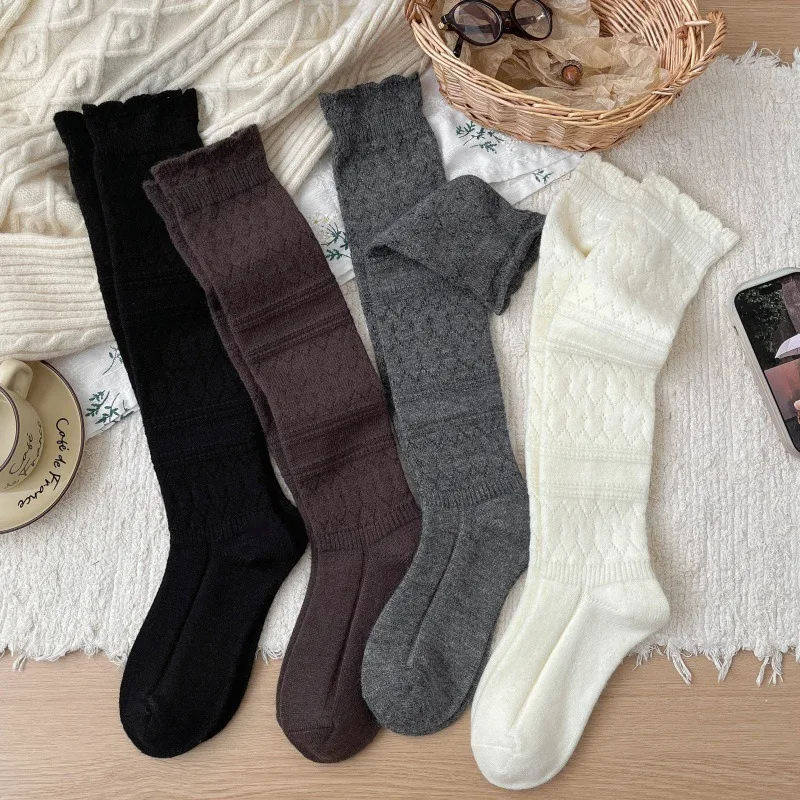 Autumn and Winter Styles of Floating Hollow Calf Socks Warm Knit Gray Long Tube Autumn and Winter Stacked Long Tube Cotton Socks