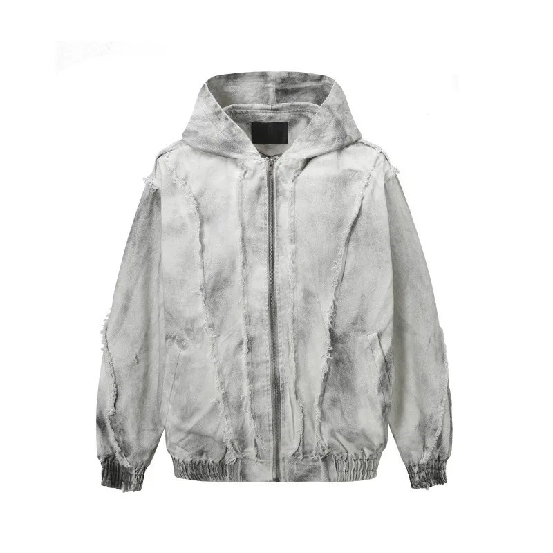 American High Street Wasteland Style Vintage Spliced Hooded Jacket 2026 Autumn New Men's Casual Loose Zipper Jacket Hoodie Coat