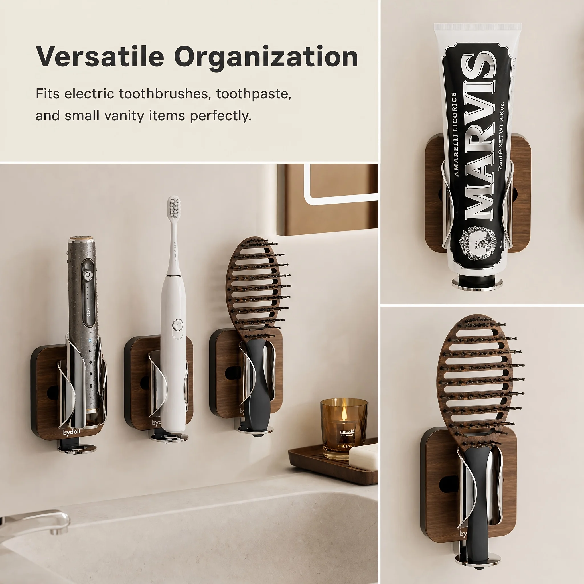 No-Drill Gravity Bathroom Storage Holder, Wall Mount Auto-Clamp Rack for Electric Toothbrush, Toothpaste & Comb