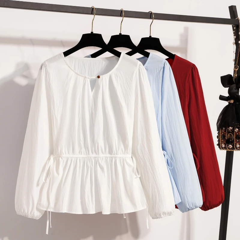 2026 White Drawstring Waist Lantern Long Sleeve Women Blouse Loose Age‑Reducing Peplum Babydoll Shirt Casual Crinkle Fabric Top