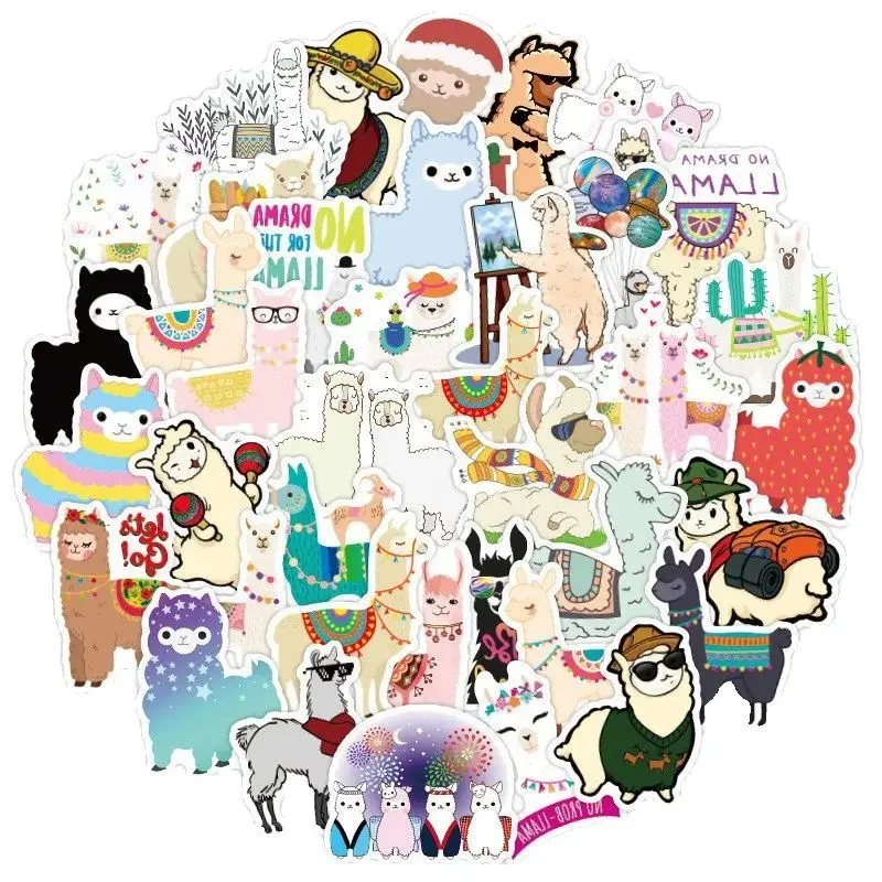50pcs cute alpaca animation cartoon doodle laptop skateboard waterproof sticker decorative water cup
