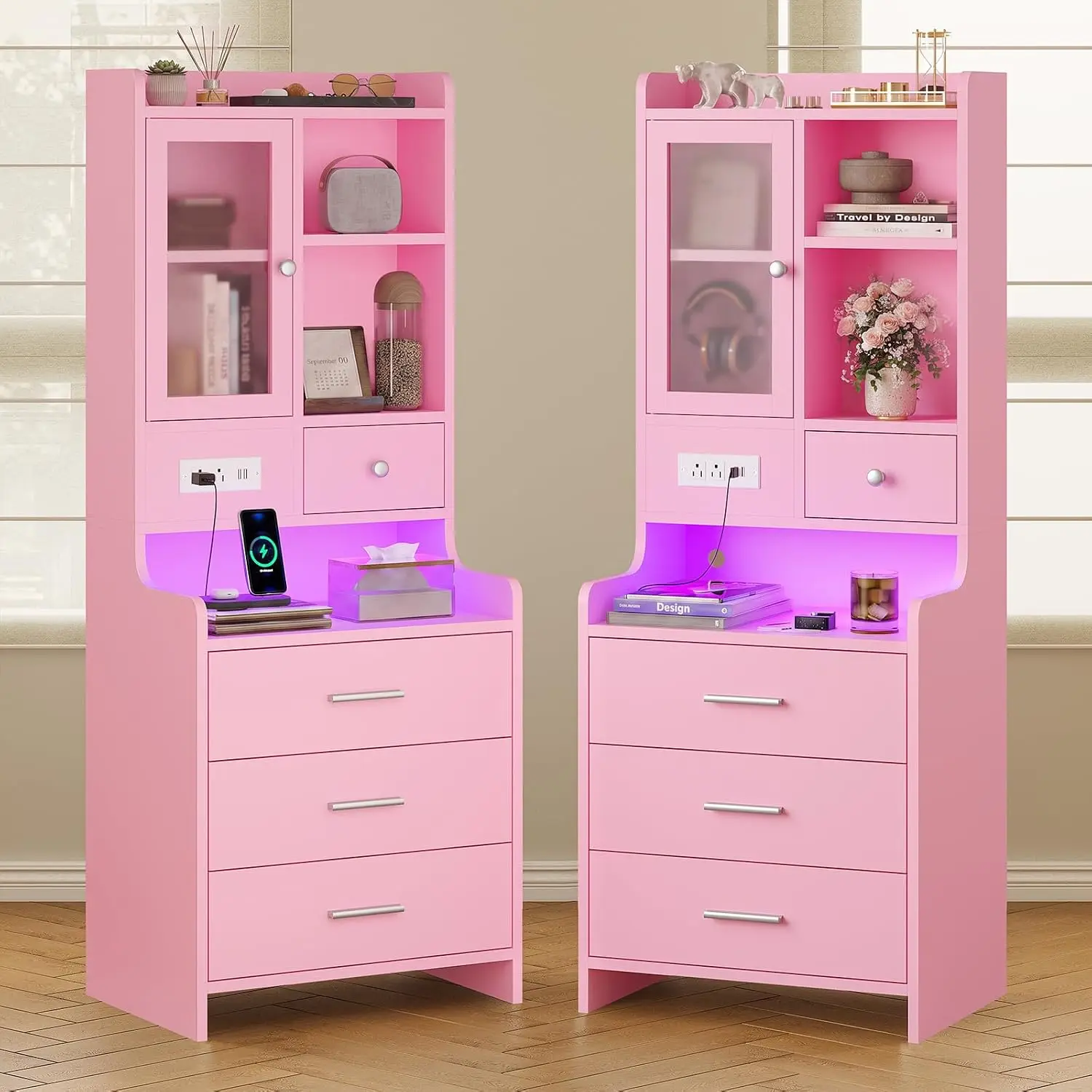Pink Nightstand Set of 2 with Drawers for Bedroom Storage, Customized