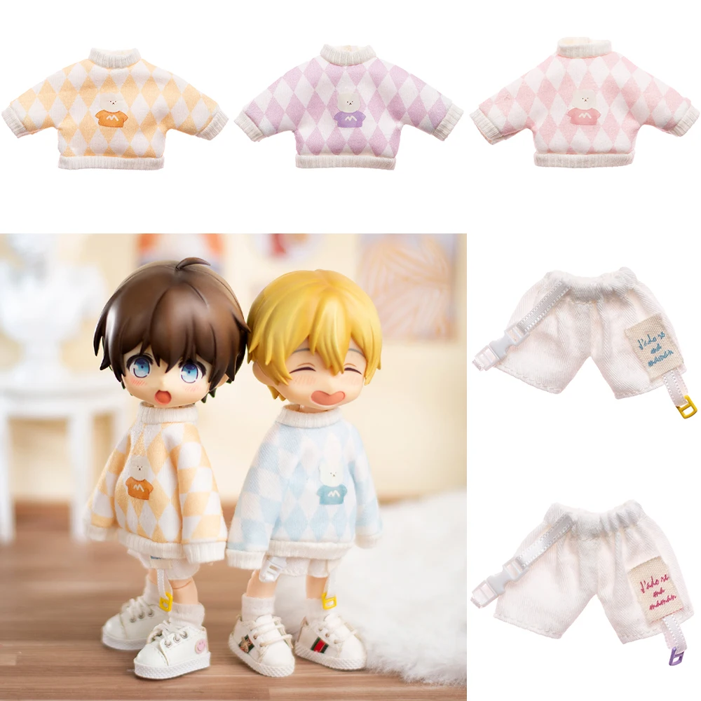 Ob11 Doll Clothes Long Sleeve  Casual Loose Diamond Sweater Dolls T-Shirt With Plaid Bear  For 12 Points Bjd Gsc Molly P9 Doll