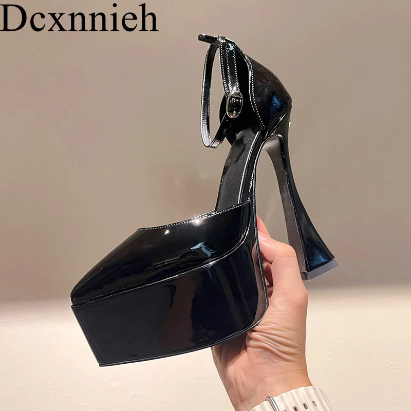 

Genuine Leather Thin High Heels Pumps Women Pointed Toe Ankle Strap Platform Sandalias Summer Party Dress Shoes Wedding Shoes