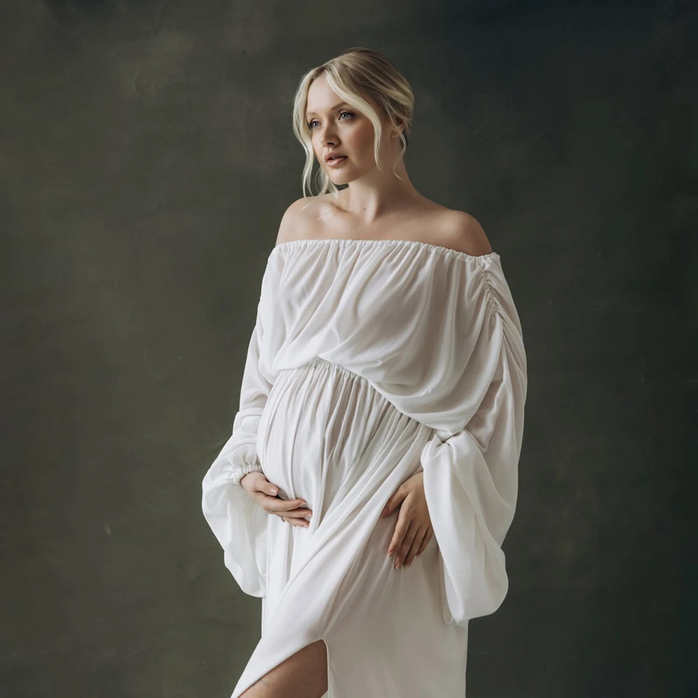 Maternity Photography Dress Minimalist Pregnancy Gown Off-Shoulder Sleeve Split Skirt for Photoshoot Maternity Photo Props
