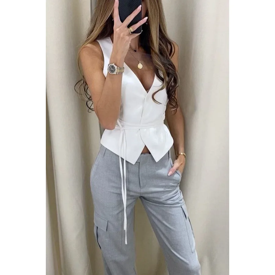 Spring Summer New Solid Color Vest Tops Women Sexy Deep V-neck Leace-up Slim Sleeveless Vests Trend Casual Lady Commuting Outfit