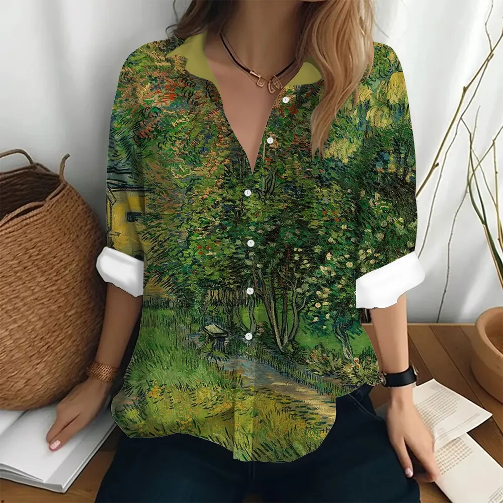 Women\'s Fashion Long Sleeved Shirt Van Gogh Oil Painting Printed Pattern T-shirt Loose Button Top Clothing Party Trend Shirt