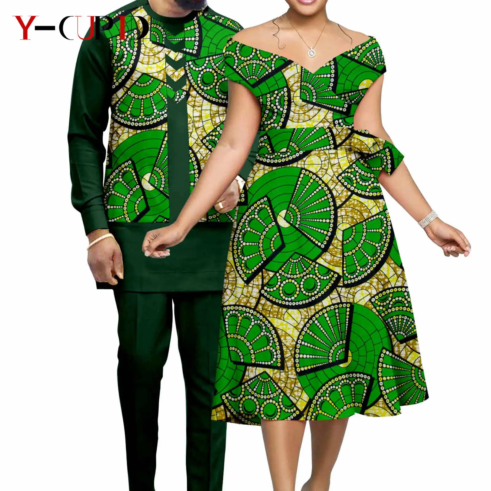 Ensemble haut et pantalon assortis pour hommes et femmes, robes trapèze à imprimé africain, tenues uniques, vêtements de couple, Dashiki, Riche Bazin, Y23C075