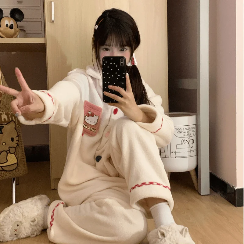 Sanrio Hello Kitty Winter Pajamas Women\'s Coral Fleece Lapel Sweet Wind Fleece Cartoon Long Sleeve Trousers Loungewear Set