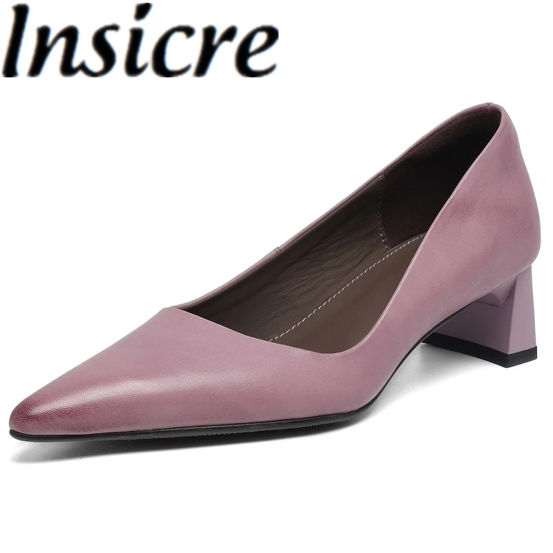Insicre 2025 Elegant Top Grain Washed Leather Women's Pumps Pointed Toe Shallow Thick Mid Heels Handmade Summer Shoes