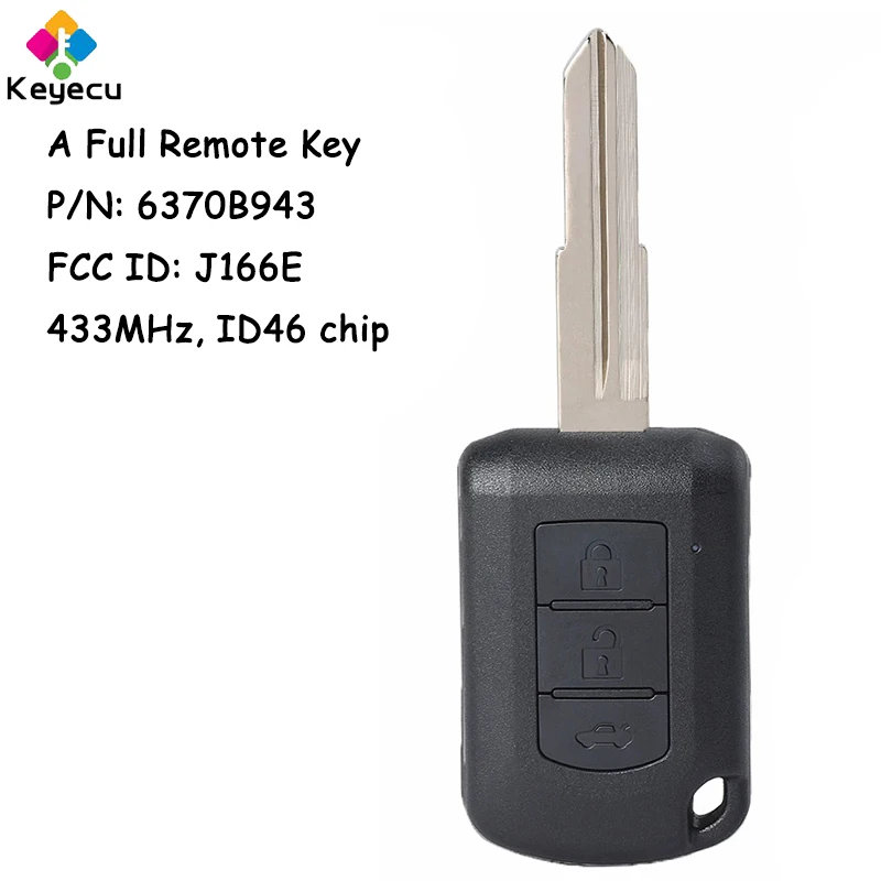 

KEYECU P/N: 6370B943 Remote Car Key Fob 3 Buttons 433MHz ID46 Chip for Mitsubishi Lancer 2016 2017 2018 2019 2020 FCC ID: J166E