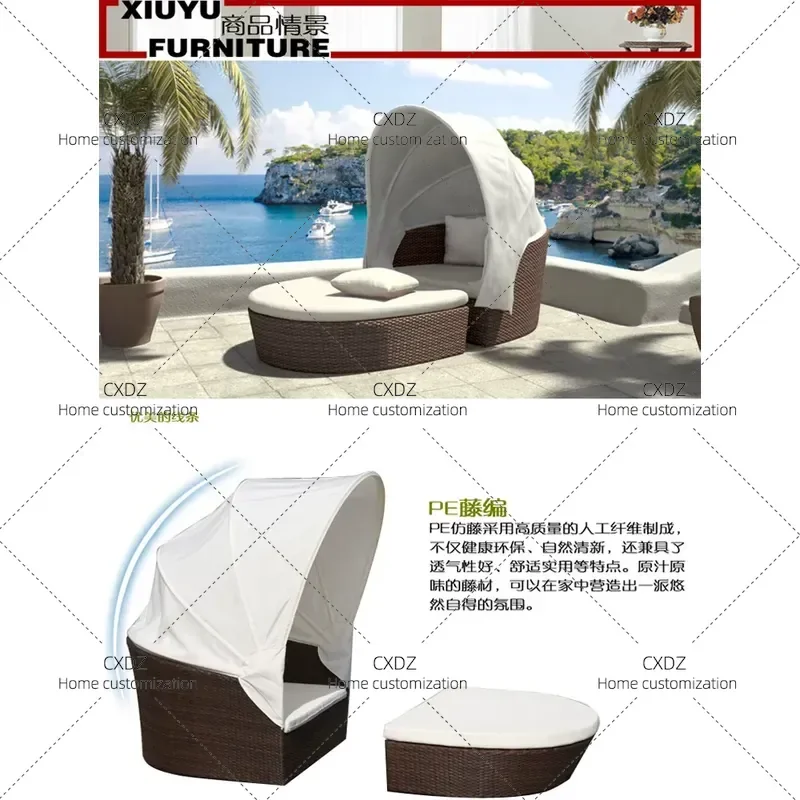 Rattan Beach Bed Outdoor Sun Lounger Terrace Leisure Sofa Courtyard Balcony Deck Chair for Vacation and Relaxation