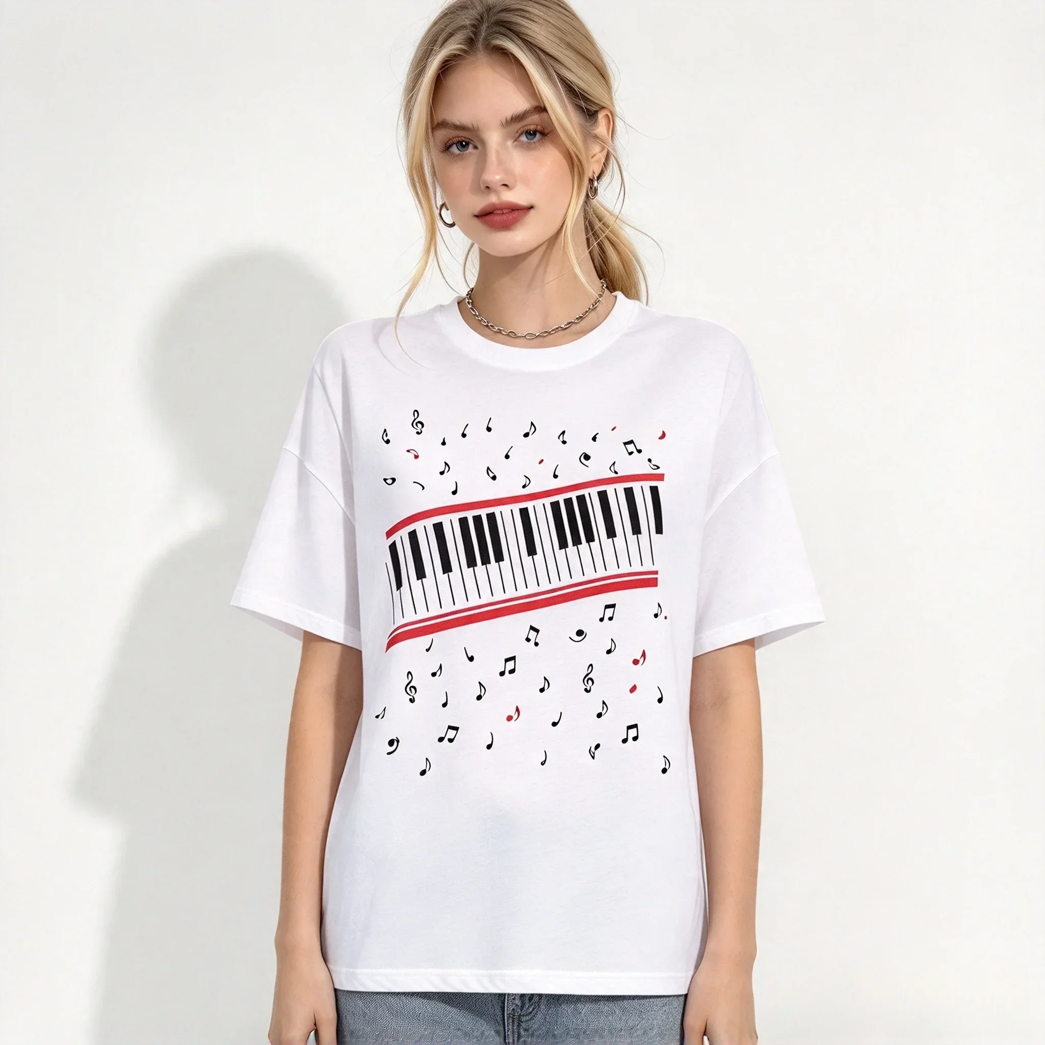 2026 Piano Keys. Patterned Cotton Short-sleeved Round-neck Top for Both Men and Women Featuring The King of Pop Music Design.
