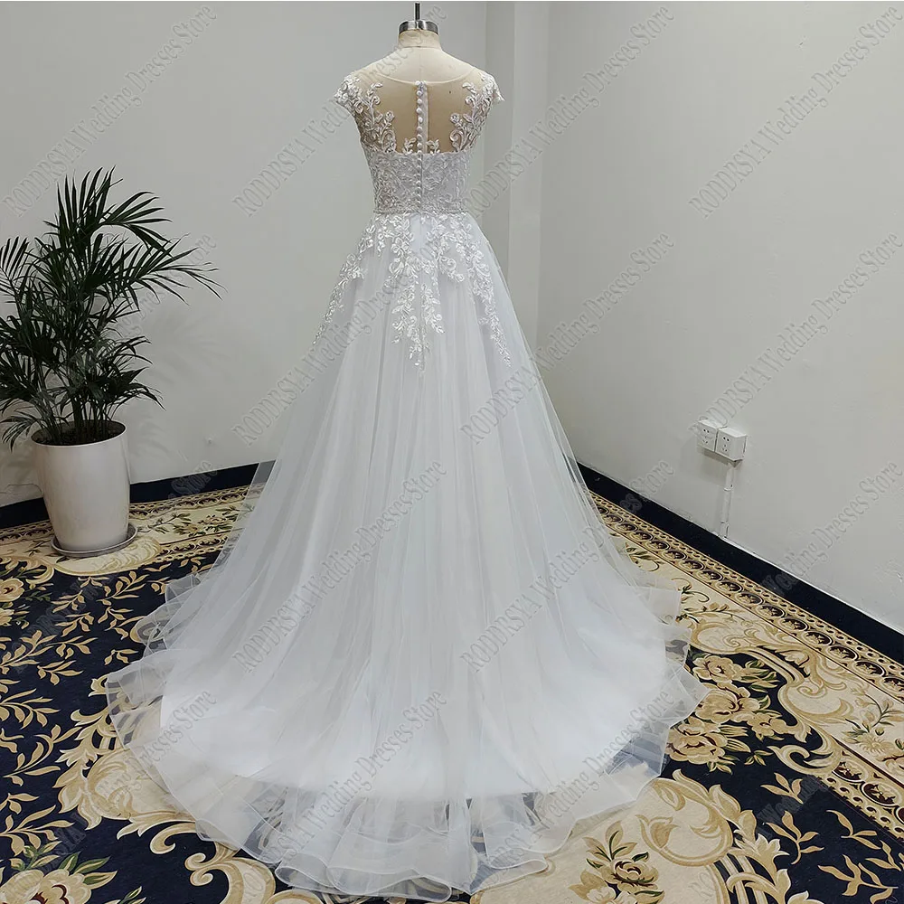 RODDRSYA Real Pictures Boho Tulle Wedding Dress A-Line Scoop Neck Cap Sleeves Bride Party Appliques Illusion Back Bridal Gown