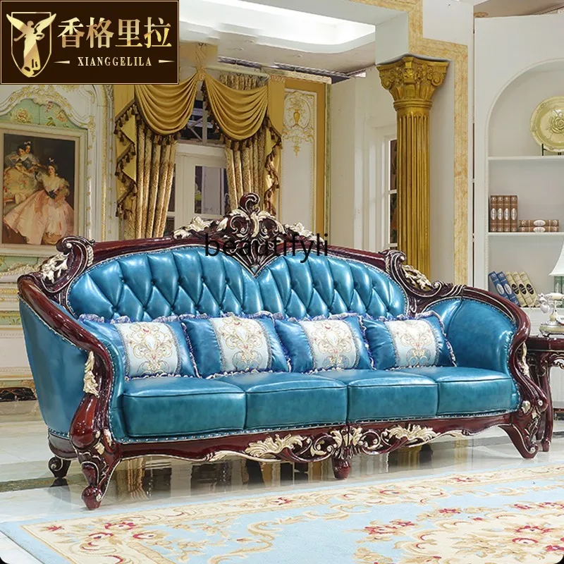 

European leather sofa living room luxury solid wood carving flower U-shaped combination dark gold-painted sofa