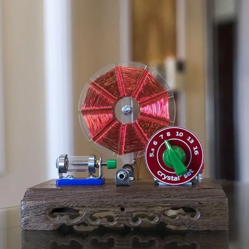 Open-Component Crystal Radio Receiver on a Wenge Base with Visible Controls for Exploration and Desk Collection 896C