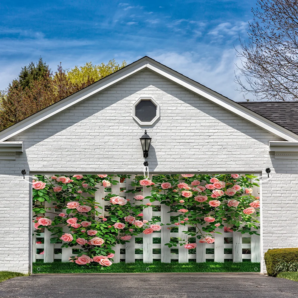 

Pink Rose Garage Door Banner, Fence Design Banner Garage Door Decor, 157x68 inches Polyester Fadeless Machine Washable Multipurp
