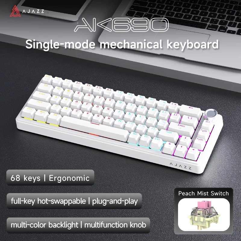 AJAZZ AK690 Bedraad kantoor- en gamingmechanisch toetsenbord 4000mAh 68 toetsen ergonomisch ontwerp Volledig hot-swappable en plug-and-play met multi-kleuren achtergrondverlichting