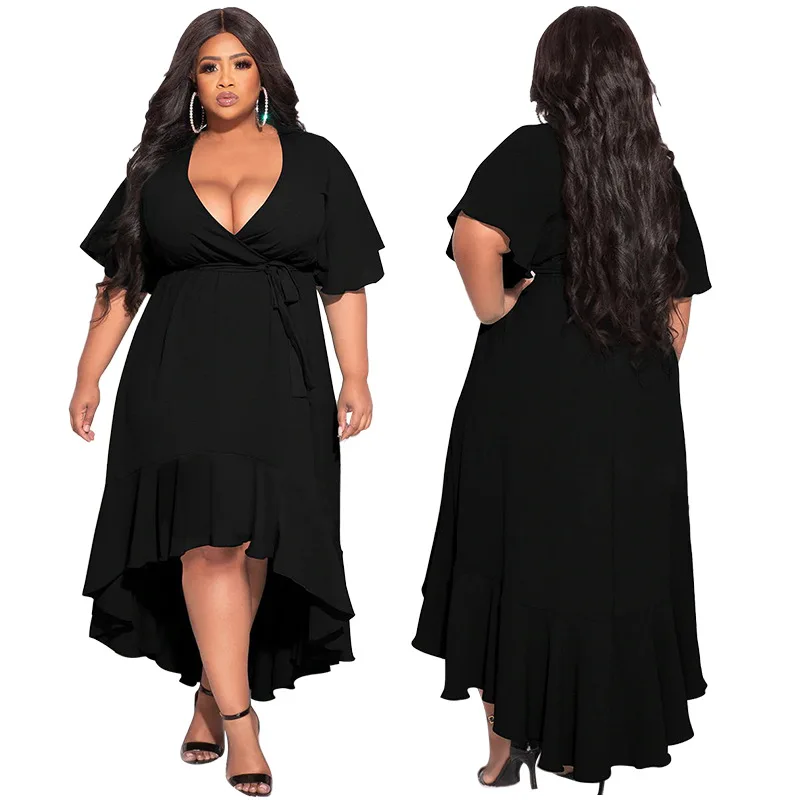 Mode Sexy Diepe V Korte Mouw Lange Jurk Zomer Lace Up Onregelmatige Elegante Vrouwen Plus Size Jurken Groothandel Dropshipping