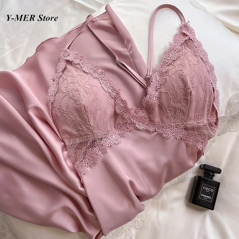 

Pink Embroider Flower Spaghetti Strap Sexy Lace Nightgown Women Satin Home Dressing Gonw Sleepwear Spring Loungewear Lingerie