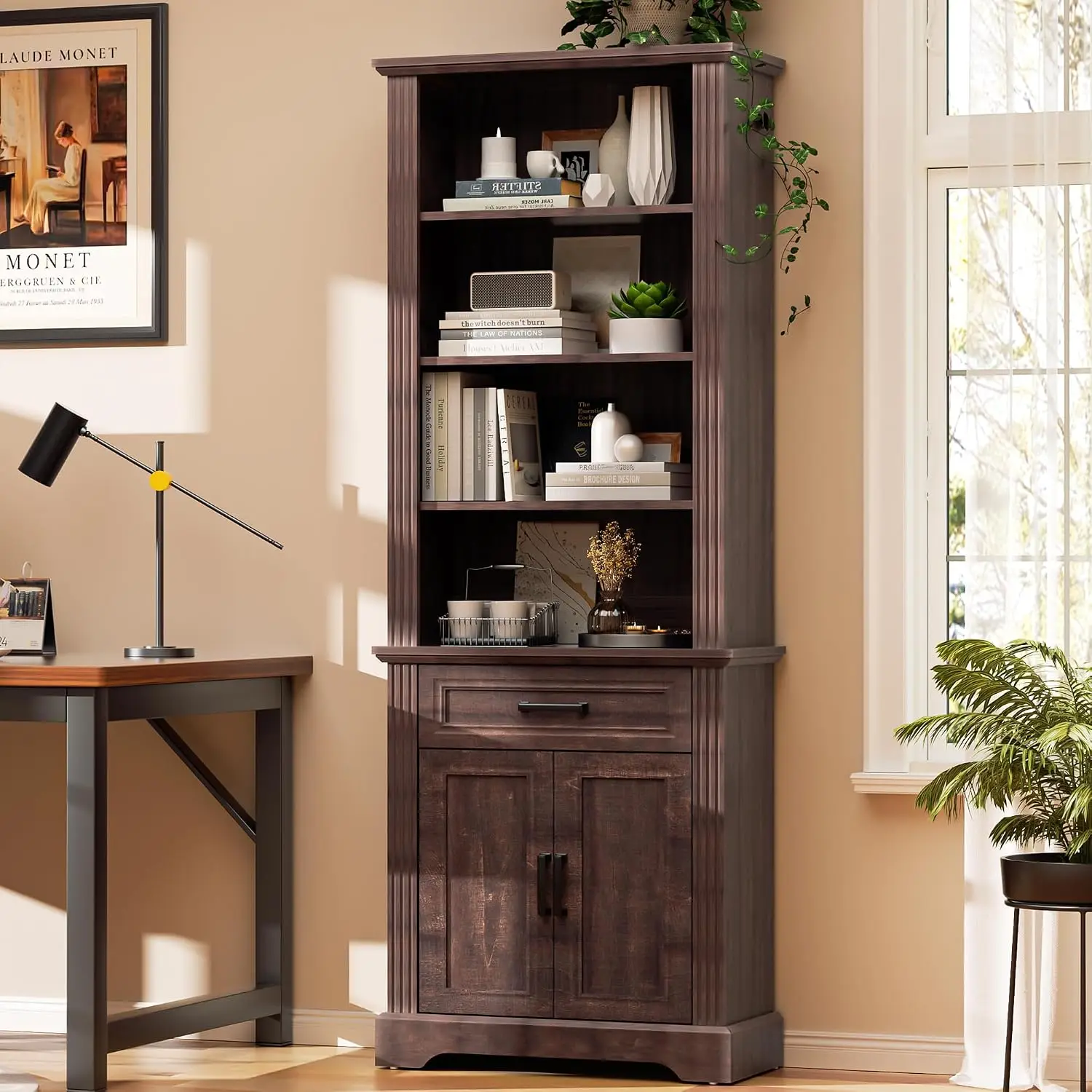 4-Tier Bookshelf with Drawer, Freestanding Bookcase with Adjustable Shelves, 72