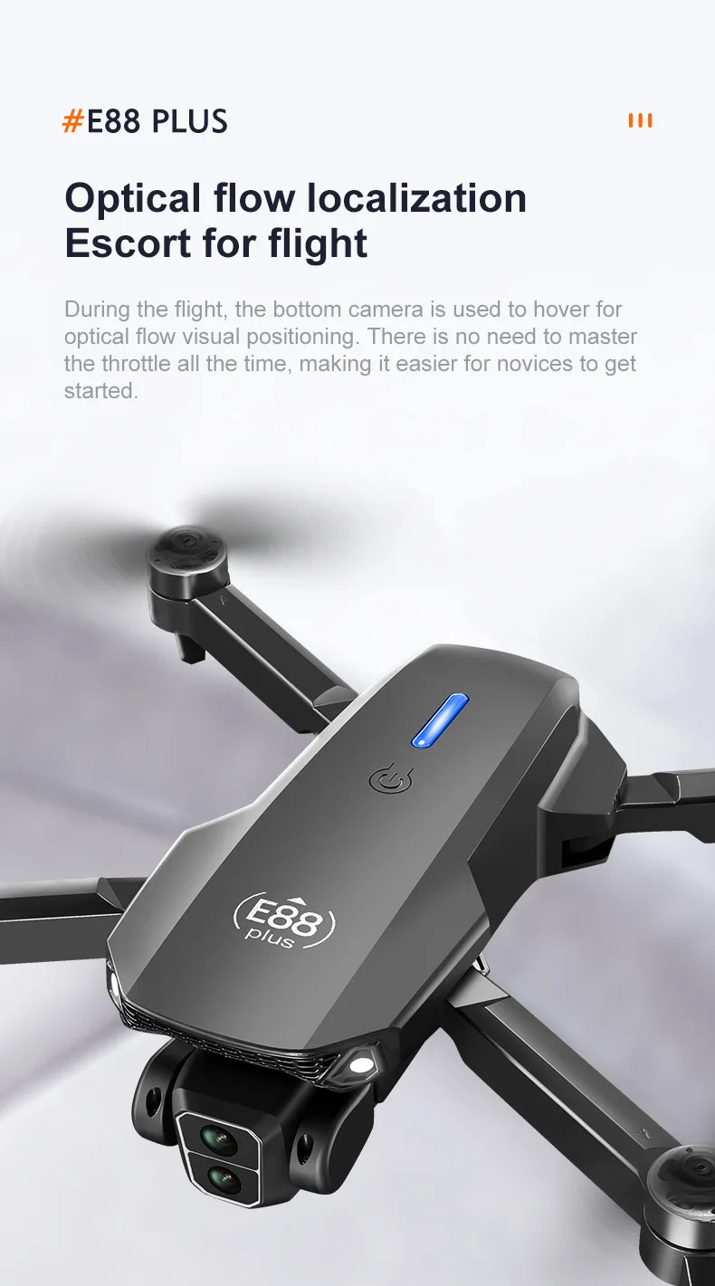 E88 Plus RC Quadcopter Drone with 90° Adjustable Camera - Brushless Motors, Optical Flow, Ideal RC Toy