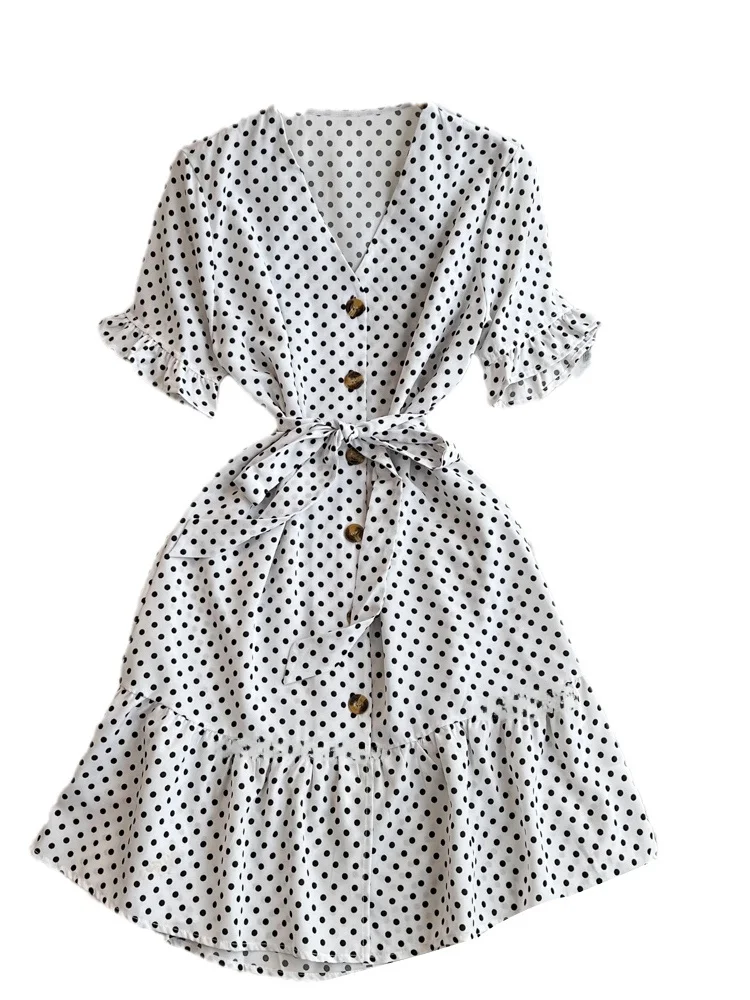 البولكا نقطة V-ne ort Sve ألف خط الدكتور مع حزام التخسيس العلاقات زر واحد ميدي الدكتور للشابات الربيع الصيف #5