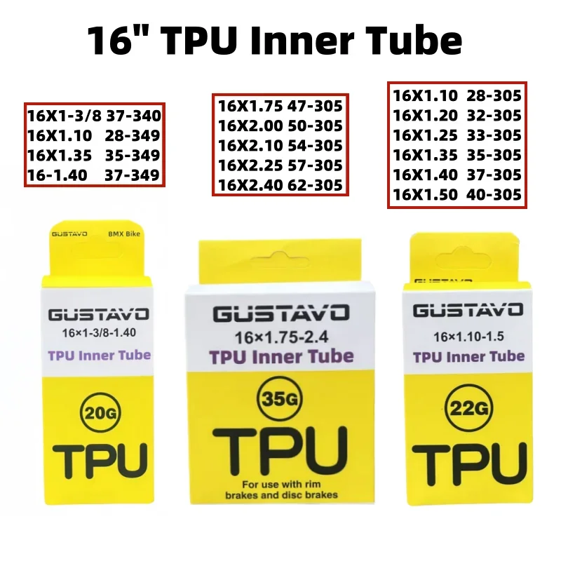 GUSTAVO 16 "305 349 دراجة بولي TPU الأنبوب الداخلي 16x1-3/8 1.1 1.25 1.35 1.5 1.75 1.95 2.125 2.4 الإطارات كاميرا FV 45/65 مللي متر BMX إطار دراجة