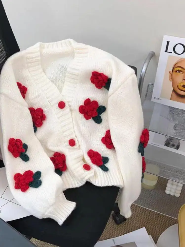 

Korean Version Women Pink Red Flower Decorated Elegant Cardigan Sweater Autumn Winter Single Breasted Long Sleeve Short Knit Top