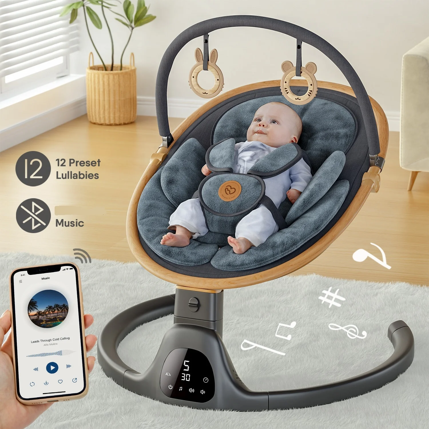 New Exclusive Design Baby Electric Swing 0-12 Months Baby with Soft Detachable Cushion 2 Teething Toys Black