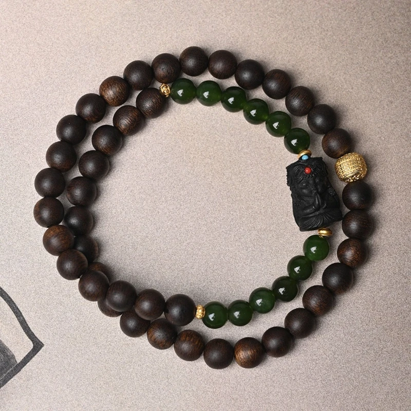 Vietnam Nha Trang Authentic Yingge Green Qi Nan 0.6 Double Circle Agarwood Bracelet with Dalbergia Odorifera Zhaji Five Stripes
