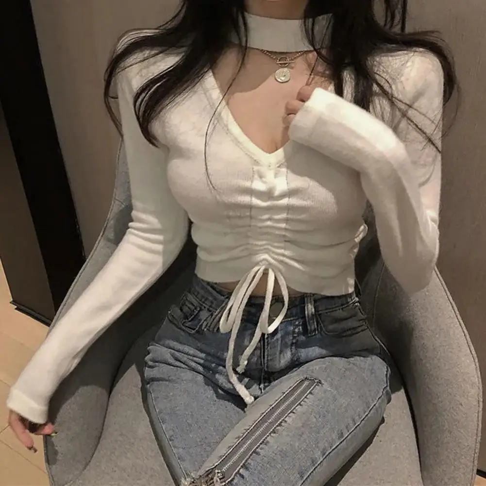 

Halter V Neck Long Sleeve Drawstring Cropped Knit Top Lady Spring Autumn Solid Color Navel Exposed Pullover Sweater Lady Clothes