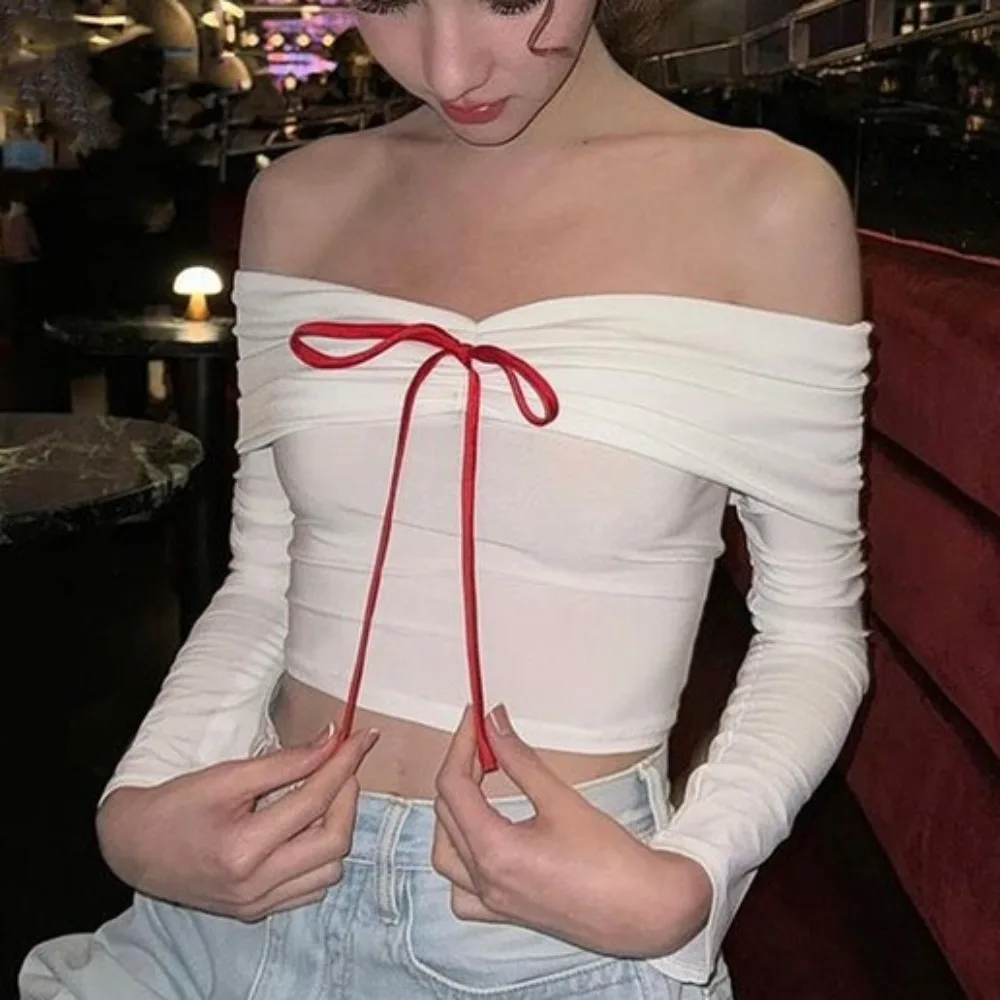 

New Off Shoulder Long Sleeves Top Lace Up Bowknot Short Style Top Solid Color Slim Fit Fashion T-shirt