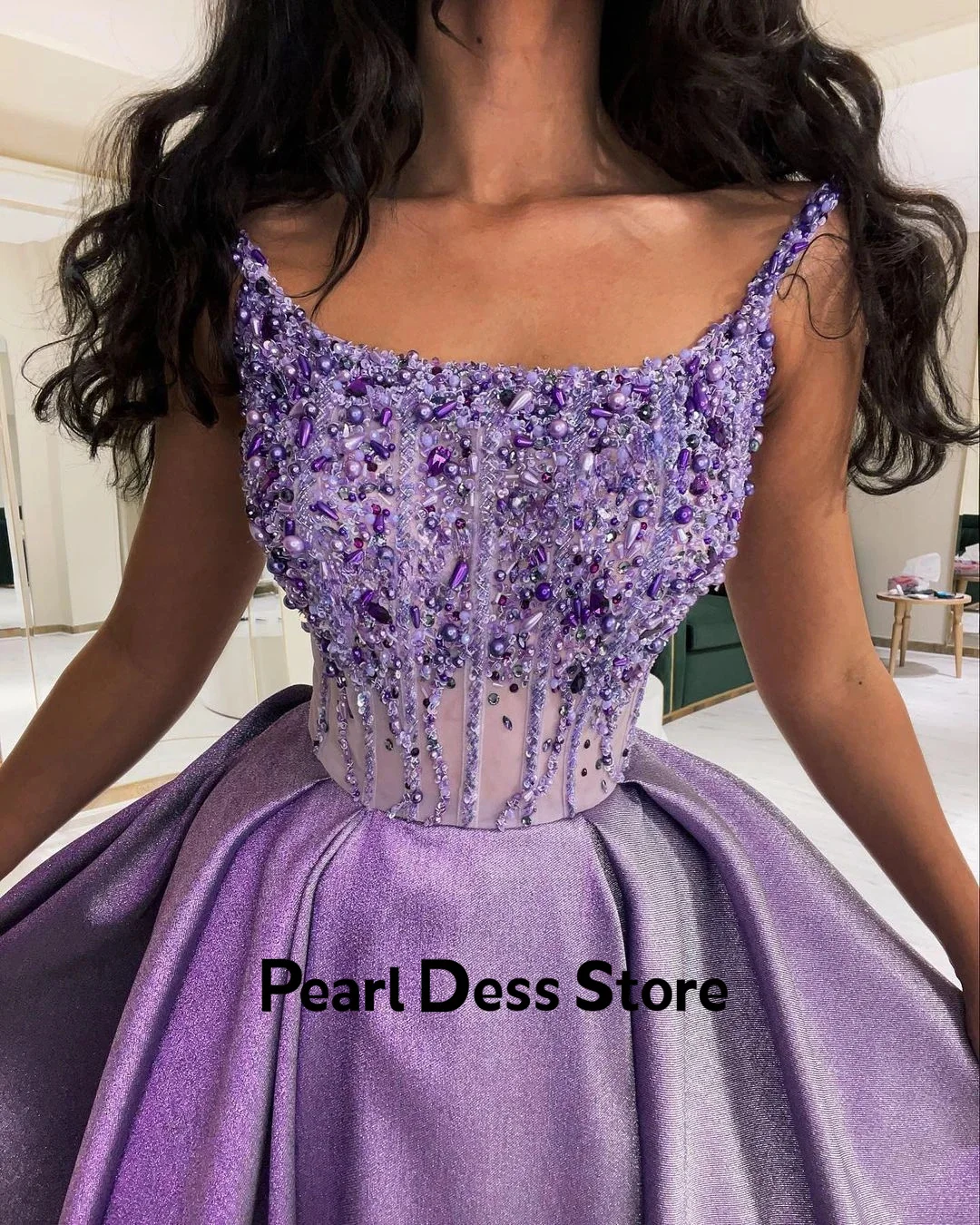 2024 Square neckline thin shoulder strap ball dress pearl sequin formal evening dress occasion dress Robe De Soiree