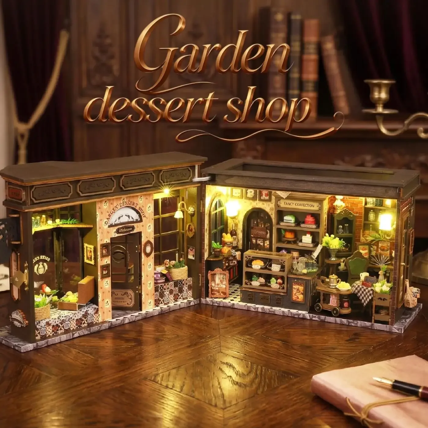 DIY Wooden Garden Dessert Shop With Lights Ornament Model Handmade Assembly Bricks Cottage House Toys Craft Kit Christmas Gifts