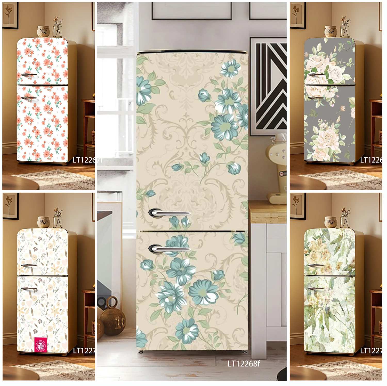 

European Floral Fridge Sticker, Full Coverage Oilproof Waterproof Self-Adhesive Decal for Refrigerator Makeover
