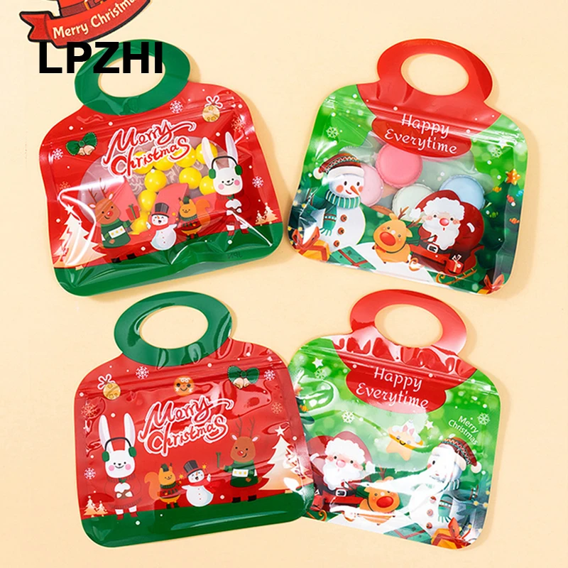 

LPZHI 50Pcs Merry Christmas Gift Bags With Handle Happy New Year Candy Cookies Snack Packaging Storage Santa Claus Child Favors